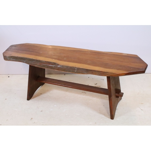 594 - 20th century fruitwood bench, of low proportions, raised on trestle base, L 109cm x H 38cm