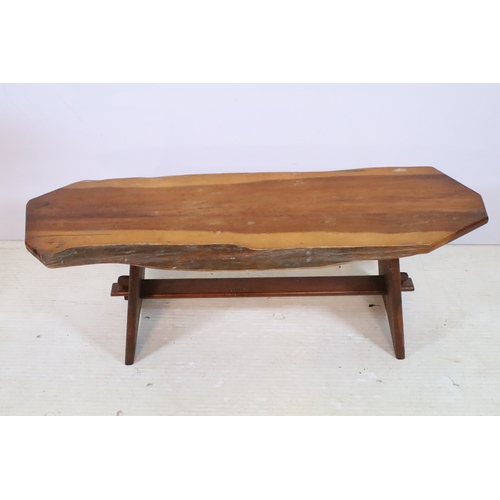 594 - 20th century fruitwood bench, of low proportions, raised on trestle base, L 109cm x H 38cm