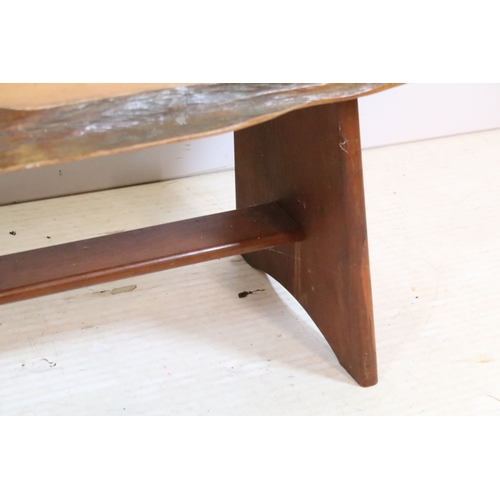 594 - 20th century fruitwood bench, of low proportions, raised on trestle base, L 109cm x H 38cm