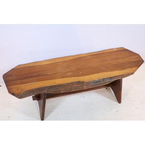 594 - 20th century fruitwood bench, of low proportions, raised on trestle base, L 109cm x H 38cm