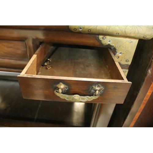 605 - Late 19th/early 20th century elm and brass mounted chest, probably Korean, having detachable top whi... 