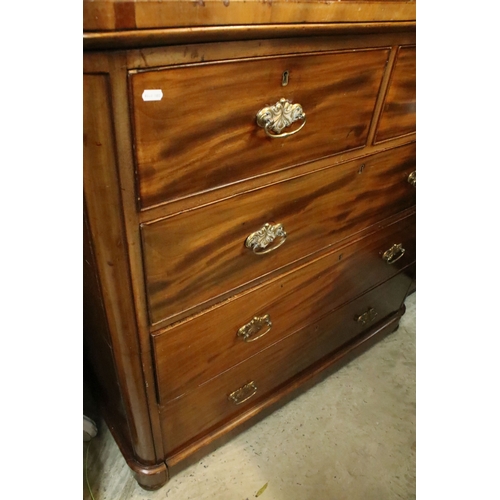 607 - 19th century figured mahogany chest of drawers, having two short on three long drawers, raised on sq... 
