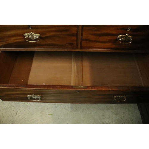 607 - 19th century figured mahogany chest of drawers, having two short on three long drawers, raised on sq... 
