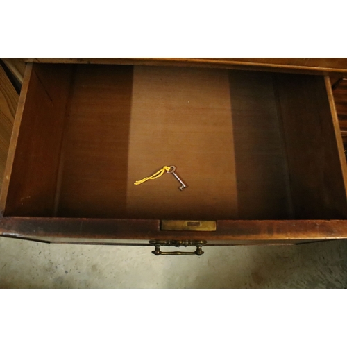 607 - 19th century figured mahogany chest of drawers, having two short on three long drawers, raised on sq... 