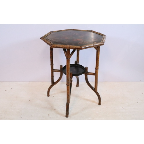 614 - Late 19th/early 20th century Chinoiserie table, having bamboo legs and painted lacquered octagonal t... 