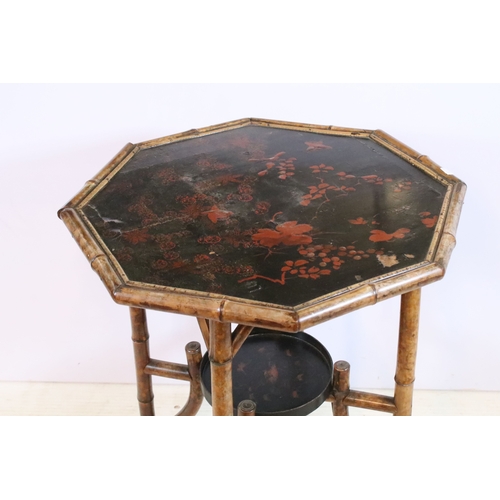 614 - Late 19th/early 20th century Chinoiserie table, having bamboo legs and painted lacquered octagonal t... 