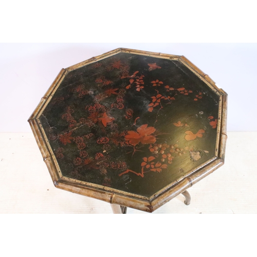 614 - Late 19th/early 20th century Chinoiserie table, having bamboo legs and painted lacquered octagonal t... 
