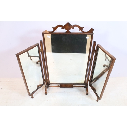 626 - 19th century mahogany triptych dressing table mirror, having open fretwork pediment, W 49cm x H 79cm
