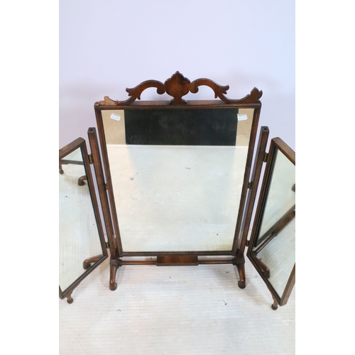 626 - 19th century mahogany triptych dressing table mirror, having open fretwork pediment, W 49cm x H 79cm