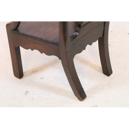 336 - Mahogany child's elbow chair with pierced back splat,  H 61cm, W 37cm, D 28cm