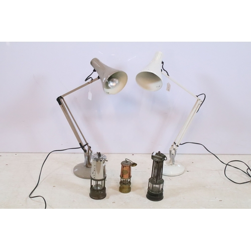 345 - Two vintage anglepoise lamps, one in beige colourway, the other in white, together with three miner'... 