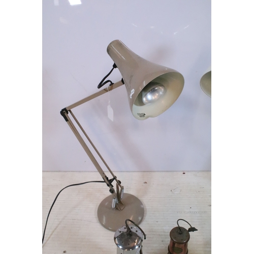 345 - Two vintage anglepoise lamps, one in beige colourway, the other in white, together with three miner'... 