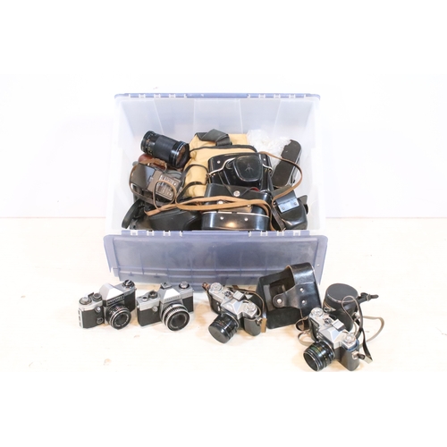 364 - Collection of analogue cameras to include mostly Soviet film era 35mm SLR examples, lenses and acces... 