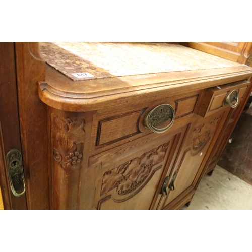 617 - Early 20th century oak chiffonier, having large mirror back with bevelled arched plate enclosed with... 