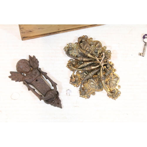 373 - Collection of 19th century sets of brass drawer handles, brass and iron door knockers, keys, locks e... 