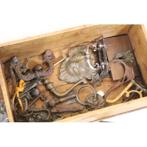 373 - Collection of 19th century sets of brass drawer handles, brass and iron door knockers, keys, locks e... 