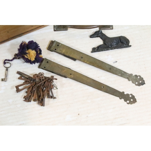 373 - Collection of 19th century sets of brass drawer handles, brass and iron door knockers, keys, locks e... 
