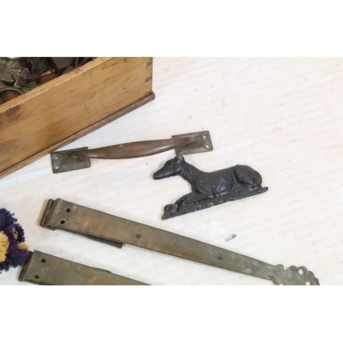 373 - Collection of 19th century sets of brass drawer handles, brass and iron door knockers, keys, locks e... 