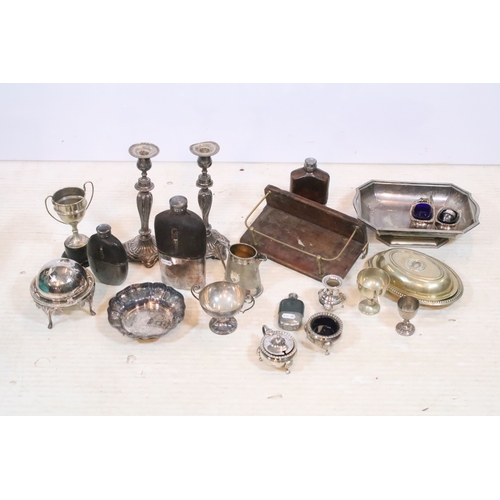 383 - Collection of silver plate, to comprise a pair of candlesticks, hip flasks, trophies, jugs, etc. tog... 