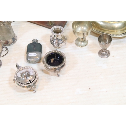 383 - Collection of silver plate, to comprise a pair of candlesticks, hip flasks, trophies, jugs, etc. tog... 