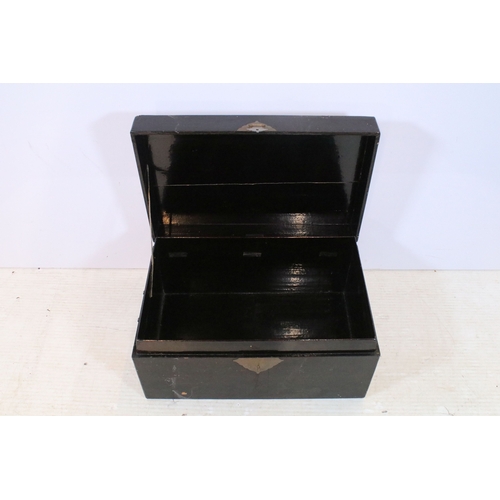 387 - Antique Chinese lacquered box, having central brass locking fixture, with brass carry handles, W 62c... 