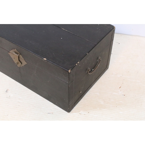 387 - Antique Chinese lacquered box, having central brass locking fixture, with brass carry handles, W 62c... 