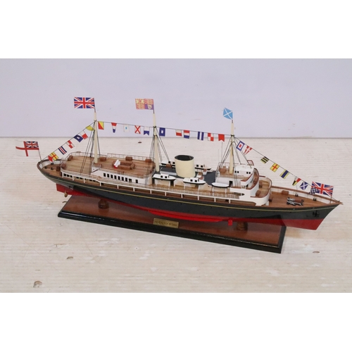 389 - Model ship replica of HMS Royal Yacht Britannia raised on wooden plinth, L 72cm x H 32cm (approx.)