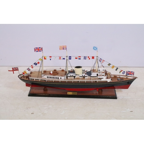 389 - Model ship replica of HMS Royal Yacht Britannia raised on wooden plinth, L 72cm x H 32cm (approx.)