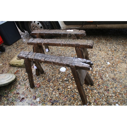 536 - Three wooden saw horses, W 89cm, D 40cm, H 56cm