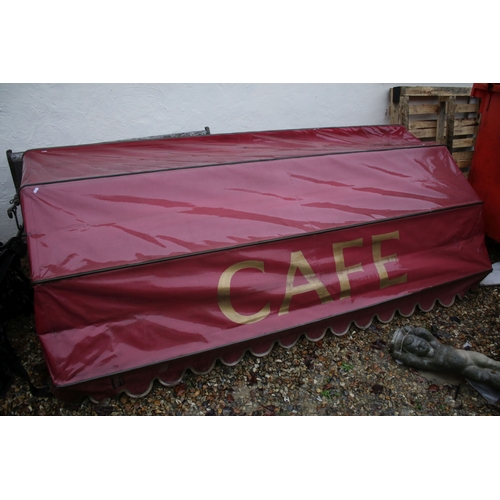 537 - Folding shop front canopy in burgundy with 'Cafe' inscription to front, L 250, D 100cm