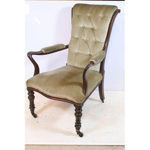 657 - 19th century mahogany arm chair, having scrolled back, raised on turned legs, W 62cm x D 65cm x H 95... 