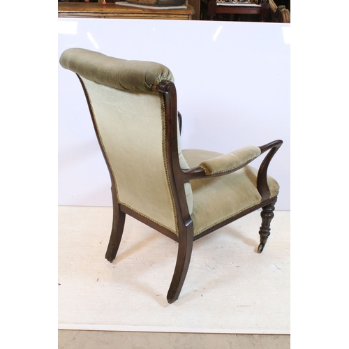 657 - 19th century mahogany arm chair, having scrolled back, raised on turned legs, W 62cm x D 65cm x H 95... 