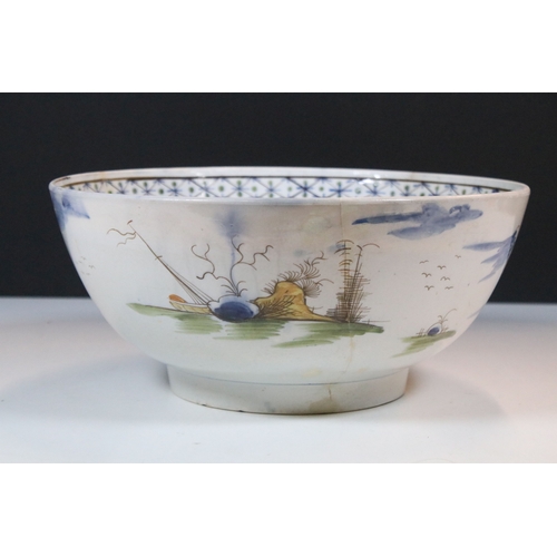 14 - 19th century English pearlware porcelain punch bowl, in the Chinese style, D 27cm x H 12cm, cracked ... 