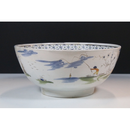14 - 19th century English pearlware porcelain punch bowl, in the Chinese style, D 27cm x H 12cm, cracked ... 