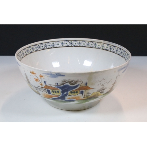 14 - 19th century English pearlware porcelain punch bowl, in the Chinese style, D 27cm x H 12cm, cracked ... 