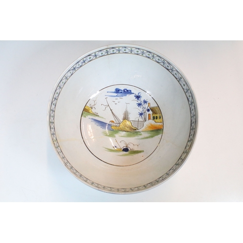 14 - 19th century English pearlware porcelain punch bowl, in the Chinese style, D 27cm x H 12cm, cracked ... 