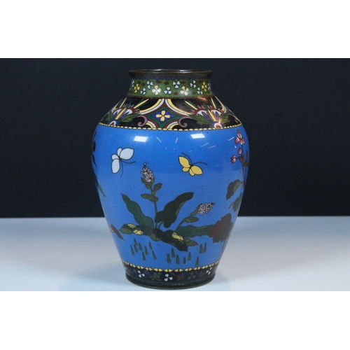 2 - Pair of Japanese cloisonne baluster vases, having blue ground with flora and fauna decoration to the... 