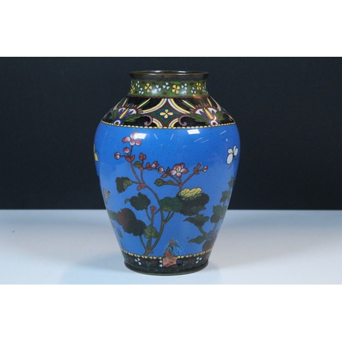 2 - Pair of Japanese cloisonne baluster vases, having blue ground with flora and fauna decoration to the... 