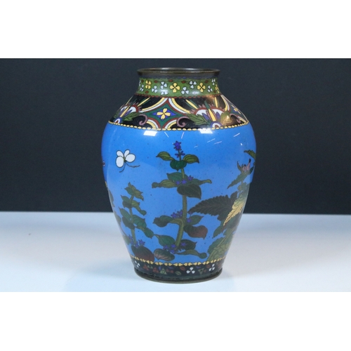2 - Pair of Japanese cloisonne baluster vases, having blue ground with flora and fauna decoration to the... 