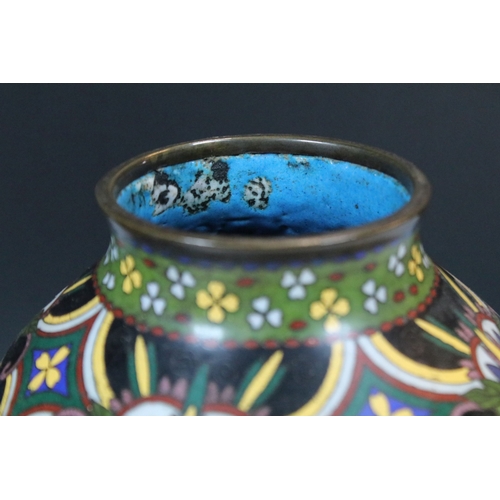 2 - Pair of Japanese cloisonne baluster vases, having blue ground with flora and fauna decoration to the... 