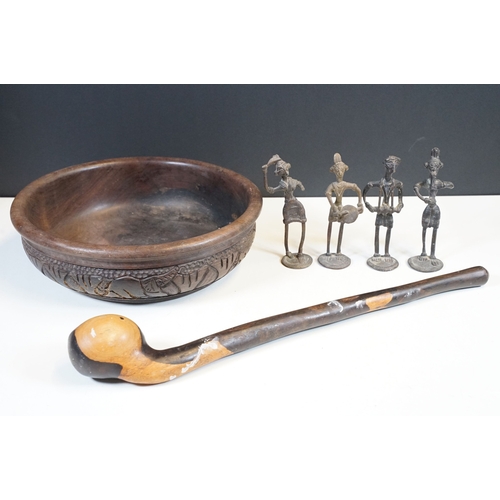 101 - Irish blackthorn shillelagh, 48cm long, a set of four Indian Dhokra figures, each approx 14cm high a... 