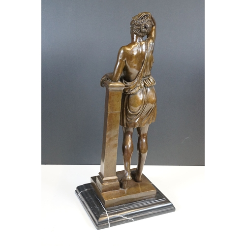 106 - Bronze classical figurine statue of semi nude female in robes resting on pillar, standing atop stepp... 