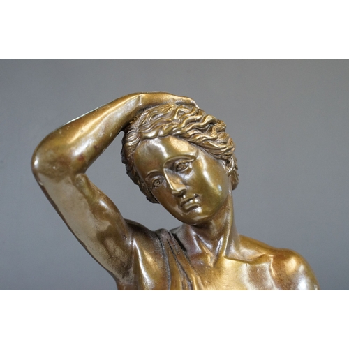 106 - Bronze classical figurine statue of semi nude female in robes resting on pillar, standing atop stepp... 