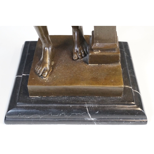 106 - Bronze classical figurine statue of semi nude female in robes resting on pillar, standing atop stepp... 