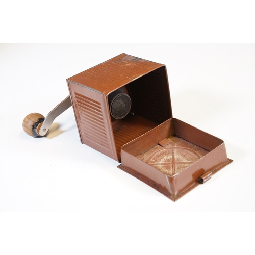 113 - Three vintage toleware coffee grinders of graduating size, one marked F B and another Coff, the larg... 