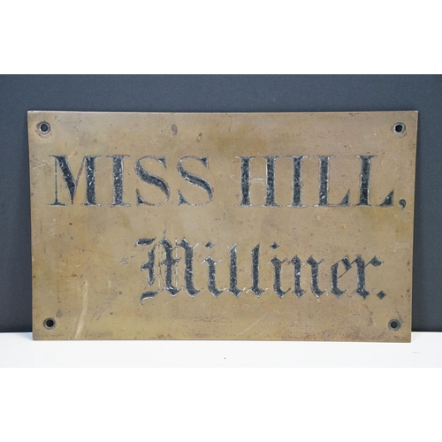 130 - Early 20th century bronze shop name sign ‘ Miss Hill, Milliner ‘, 25cm x 15cm