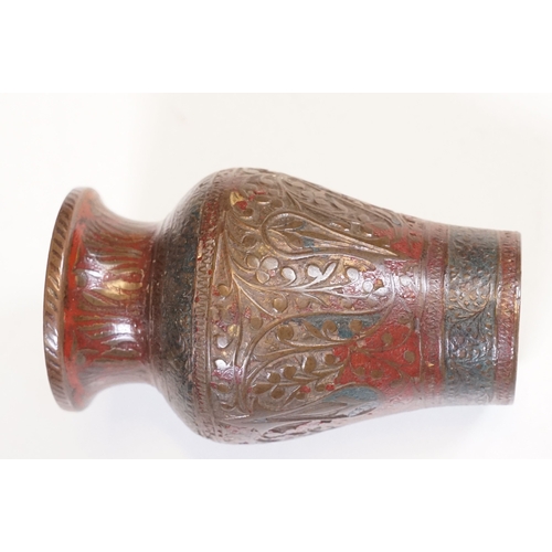 138 - Pair of coiled cobra candlesticks, H 15cm together with a small Indian brass vase, H 9cm (3)