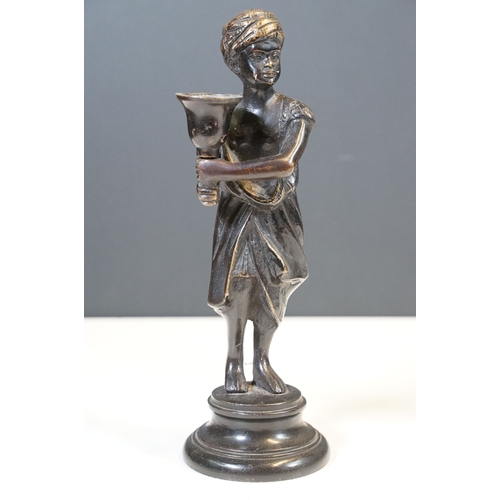 144 - Pair of Indian bronze candelabra candle holders depicting figures holding torches raised on circular... 