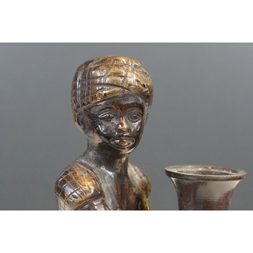 144 - Pair of Indian bronze candelabra candle holders depicting figures holding torches raised on circular... 