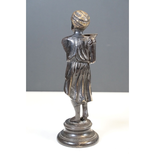 144 - Pair of Indian bronze candelabra candle holders depicting figures holding torches raised on circular... 